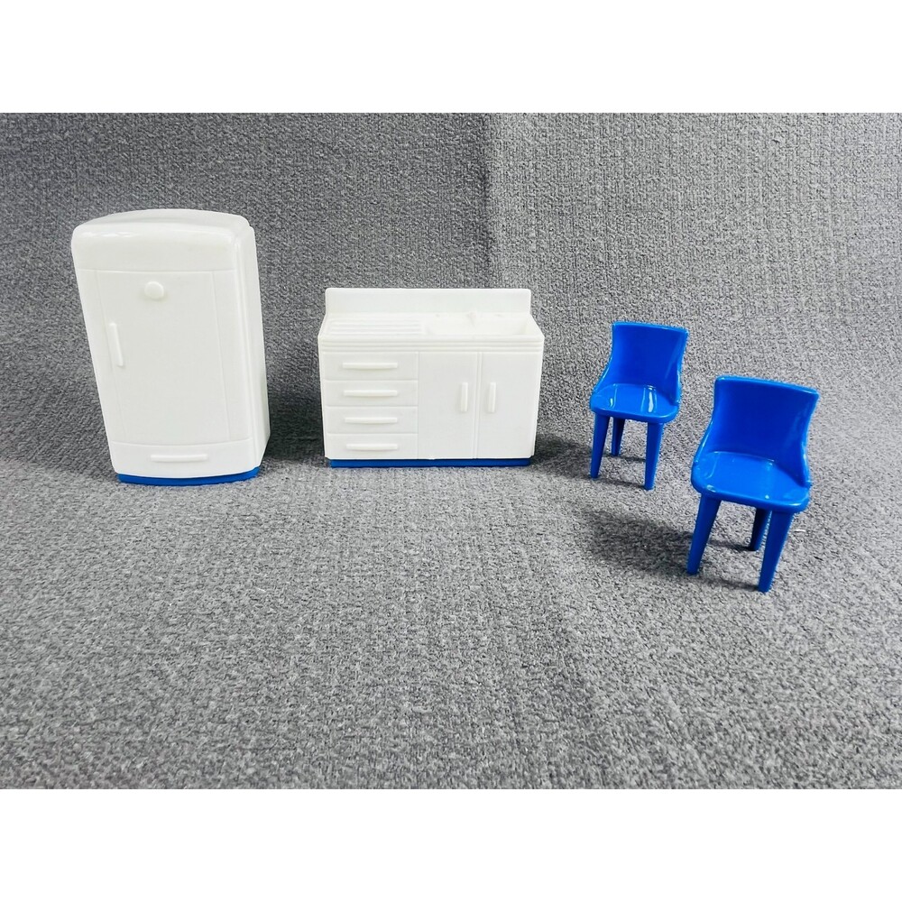 VTG Plasco Toy Dollhouse Miniature Kitchen Set MCM Chairs Fridge 1950s